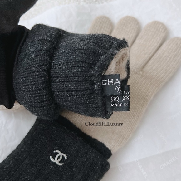 Auth Chanel Beige Black Classic CC Logo Cashmere Gloves - Picture 6 of 9